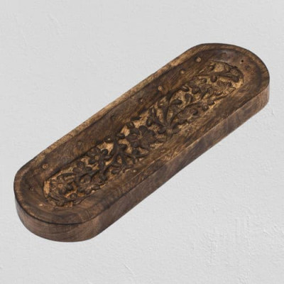Porte encens plateau bois de manguier sculpté motif floral